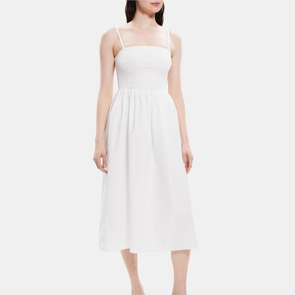 Theory Smocked Cotton Poplin Midi Dress in White Size Large L - Picture 1 of 3